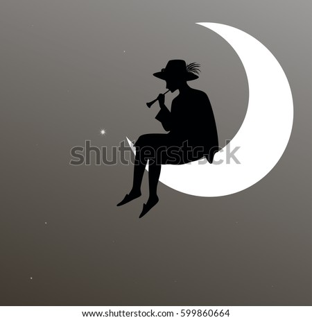  boy silhouette sitting on the moon and playing trumpet, dreamer, shadows, dreams