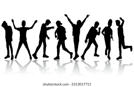 Boy silhouettes dancing in the group vector illustration