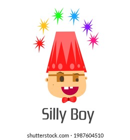 A boy with a silly and funny face with the words "silly boy" underneath