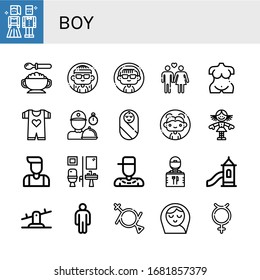 boy simple iconos set. Contiene iconos como Prom noche, Baby food, Woman, Heterosexual, Venus, Baby induv, Delivery man, Baby, Doll, Man, se pueden utilizar para web, móvil y logotipo