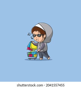 boy singing after shopping and pushing cart vector icon illustration using glasses