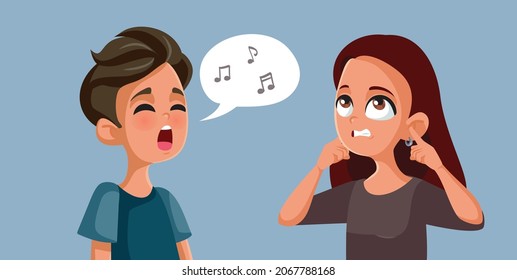 Boy Singing Awful Song Annoying her Friend Vector Cartoon. Terrible singer annoying his colleague with his bad singing performance
