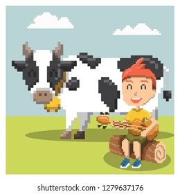 boy singing with cow in pixel art