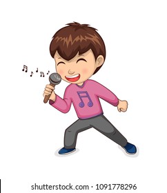 Boy singing happily hobby, child wearing t-shirt with note print, hilding microphone in hand and smiling, person, isolated on vector illustration