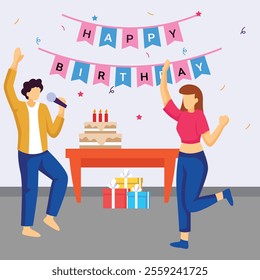 Boy Singing and holding karaoke wishing her friend concept, couple celebrating vector design, special anniversary events card, Cheers to another year banner, indoor Party People scene illustration