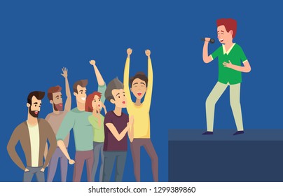 Boy singing with microphone on stage with side view, cheerful people near platform with hands up. Performance with group of men and women on blue vector