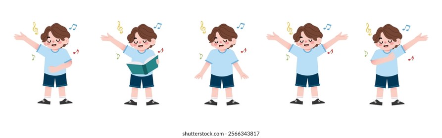 Boy Singing Music Notes Child Performing Cute Cartoon Illustration Happy Kid Singing Boy Musical