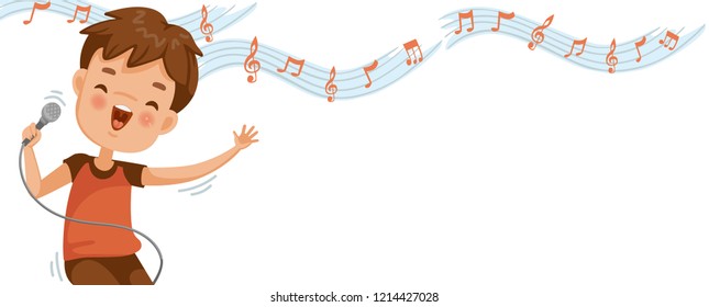 Boy singing. Note on the white background. Billboard or branner design. Gaps fill your data to fill. Concept illustrations for web pages, schools, special classes for children. Vectors