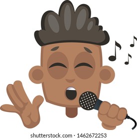 Menino cantando no microfone, ilustração, vetor no fundo branco.