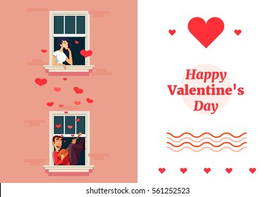 Boy singing serenade music for her love. Happy Valentines days greeting card. 