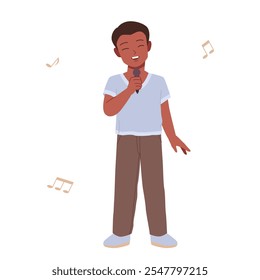 Chico cantando una canción. Pequeño cantante lindo con el pelo rojo que se coloca en el escenario para cantar a la música y a las notas, práctica de la lección vocal, Ilustración vectorial feliz de la historieta del artista del niño del preescolar o de la escuela primaria