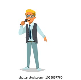 Boy singing a song. Vector illustration in cartoon style.