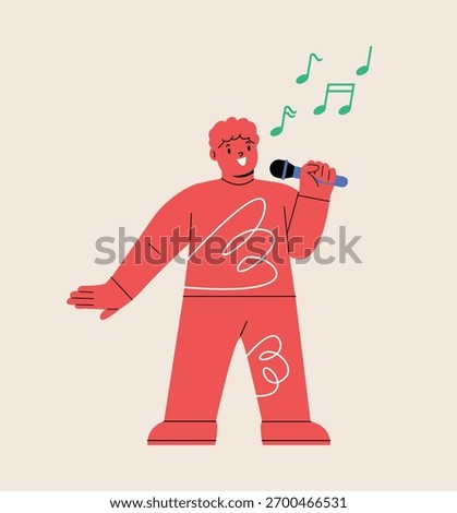Boy sings in a microphone. Colorful vector illustration
