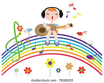 Boy sings on the rainbow
