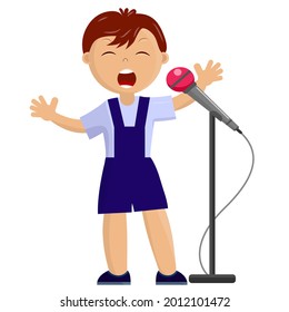 Boy sings a song into a microphone on a white background. Children's music festival. Vector illustration EPS 10.