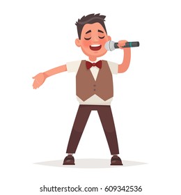 Boy sings a song in a microphone on a white background. Children's musical performance. Vector illustration in cartoon style