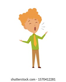 Boy sings a song on a white background. Children's musical performance. Vector illustration in cartoon style.