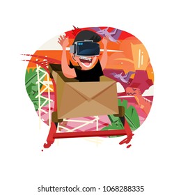 Boy sit in a box and Enjoying Vr Roller Coaster game. Age of Dinosaurs in background - vector illustration