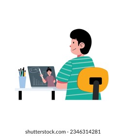 Boy sit at desk and online learning via laptop or digital tablet with happy face illustration