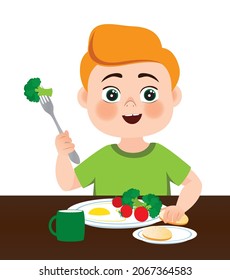 A boy sit at the dinner table and enjoy eating broccoli, tomatoes and fried eggs. The right habit. Proper nutrition. Vector illustration.
