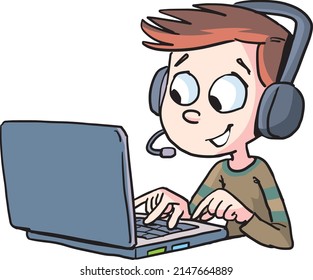 boy sit in front the laptop communicates over the internet