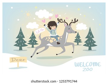 The boy sit on the deer and like the atmosphere in the winter.