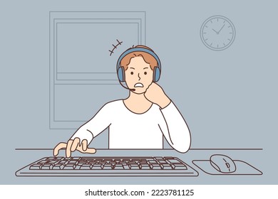 Boy sit on desk playing game on computer. Smiling child in headphones have fun engaged in videogame on PC at home. Gamer and application. Vector illustration. 