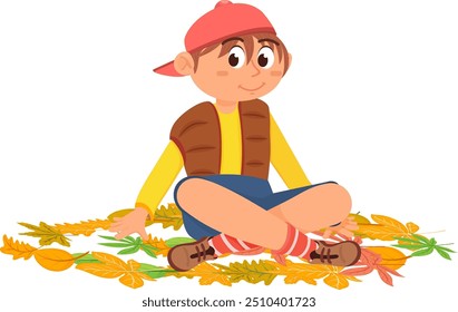 Boy sit on fallen leaves. Cartoon kid character