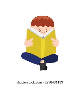 boy sit on the floor reading book against white background