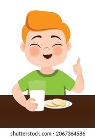 A boy sit at the table and drinks milk. Proper nutrition. Healthy food. Vector illustration