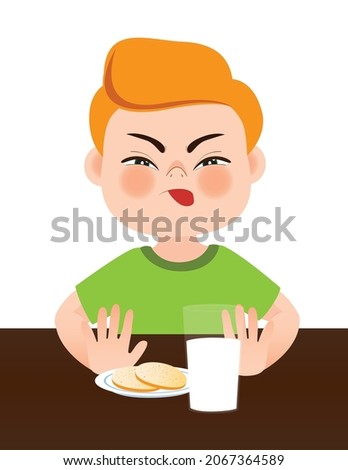 A boy sit at the table and refuse to drink milk. Move the glass with milk away from you with your hands. Healthy food. Vector illustration