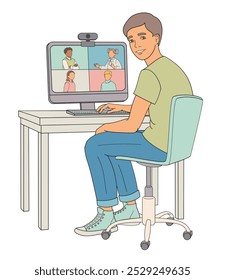 boy sits in a chair at a table working on a computer videoconferencing