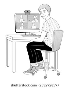 menino senta-se em uma cadeira em uma mesa trabalhando em uma videoconferência por computador