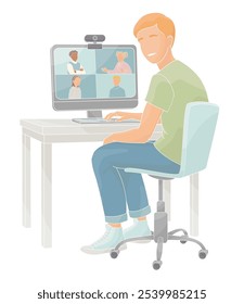 boy sits in a chair at a table working on a computer videoconferencing