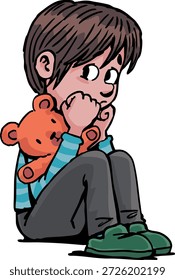 boy sits depressed with a teddy bear in his lap