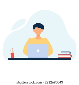Boy sits at a desk with a computer and books with glass with pencils. Concept illustration, freelance man working in laptop