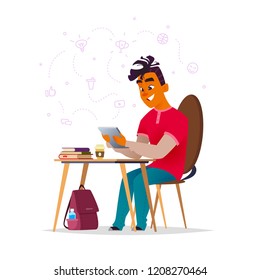 A boy sits at a desk and learns. Educational concept. Cartoon character design of student