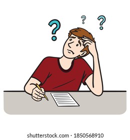 boy sits in front of school test and understands nothing. comic, question mark.