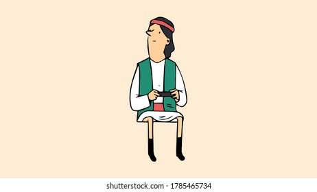 the boy sits and holds a joystick in his hand, he is dressed in medieval clothes and with a red elastic band on his head, vector, cartoon.