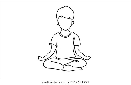 Boy sits and meditates isolated on white background. Relax line art drawing. Vector illustration