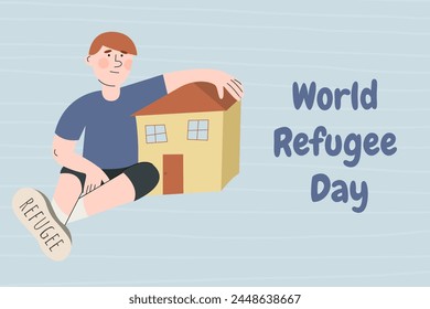 A boy sits near his house. Refugee abandone home and look for a safe place to live. Social crisis idea. World Refugee Day banner.