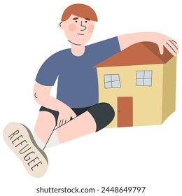 A boy sits near his house. Refugee abandone home and look for a safe place to live. Social crisis idea. World Refugee Day banner.