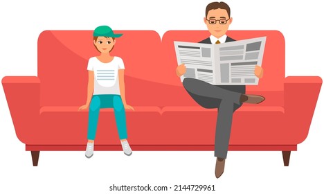 Boy sits next to man reading newspaper. Rest and relax of people on comfortable furniture. Child looking at businessman with newspaper vector illustration. Kid watches pastime of adults at home