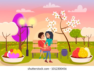 Boy sits on bench with girlfriend on his knees at sunset surrounded with blooming trees and flowers vector illustration.