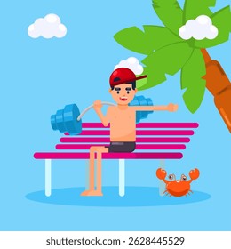 A boy sits on a bench lifting a barbell on the beach during summer, accompanied by a crab. Cheerful flat illustration for fitness, lifestyle, holiday, and youth concepts, evoking a sunny mood.