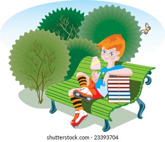 A boy sits on a bench in a park.