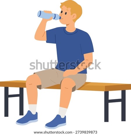 Boy sits on bench while drinking water to stay hydrated after playing sports at a park on a sunny day in the afternoon