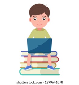 Boy sits on the books and works engaged in a laptop. A child learns by computer. Vector illustration isolated on white, flat style.