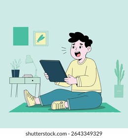 A boy sits on the floor, enthusiastically using a tablet in a cozy room with plants and a desk.
