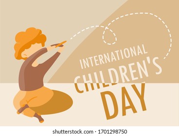 A boy sits on the floor and plays with a toy airplane. Lettering International Children's Day. Flight path of the airplane, dashed lines. Vector stylish illustration of holidays dedicated to children.